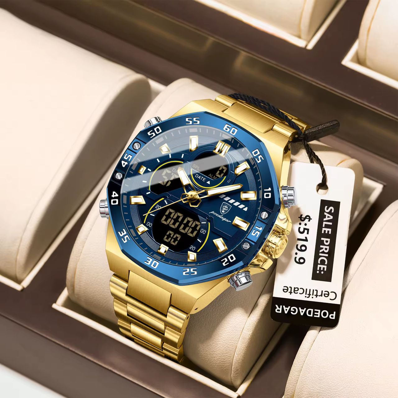 Poedagar E101 - Nouvelle Montre Digitale pour Homme, Affichage Double Heure , Alarme , Chronemètre, LED , Étanche , Acier Inoxydable et Quartz Électronique