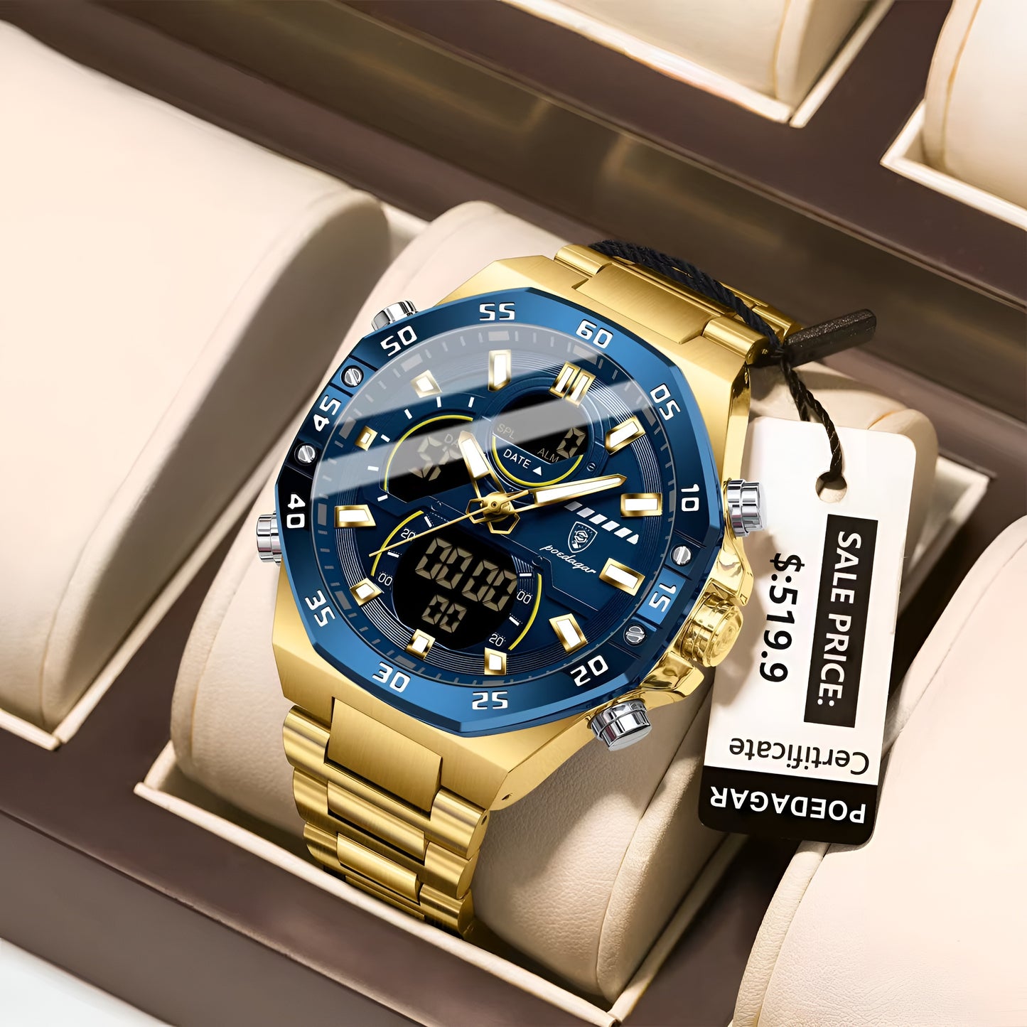 Poedagar E101 - Nouvelle Montre Digitale pour Homme, Affichage Double Heure , Alarme , Chronemètre, LED , Étanche , Acier Inoxydable et Quartz Électronique