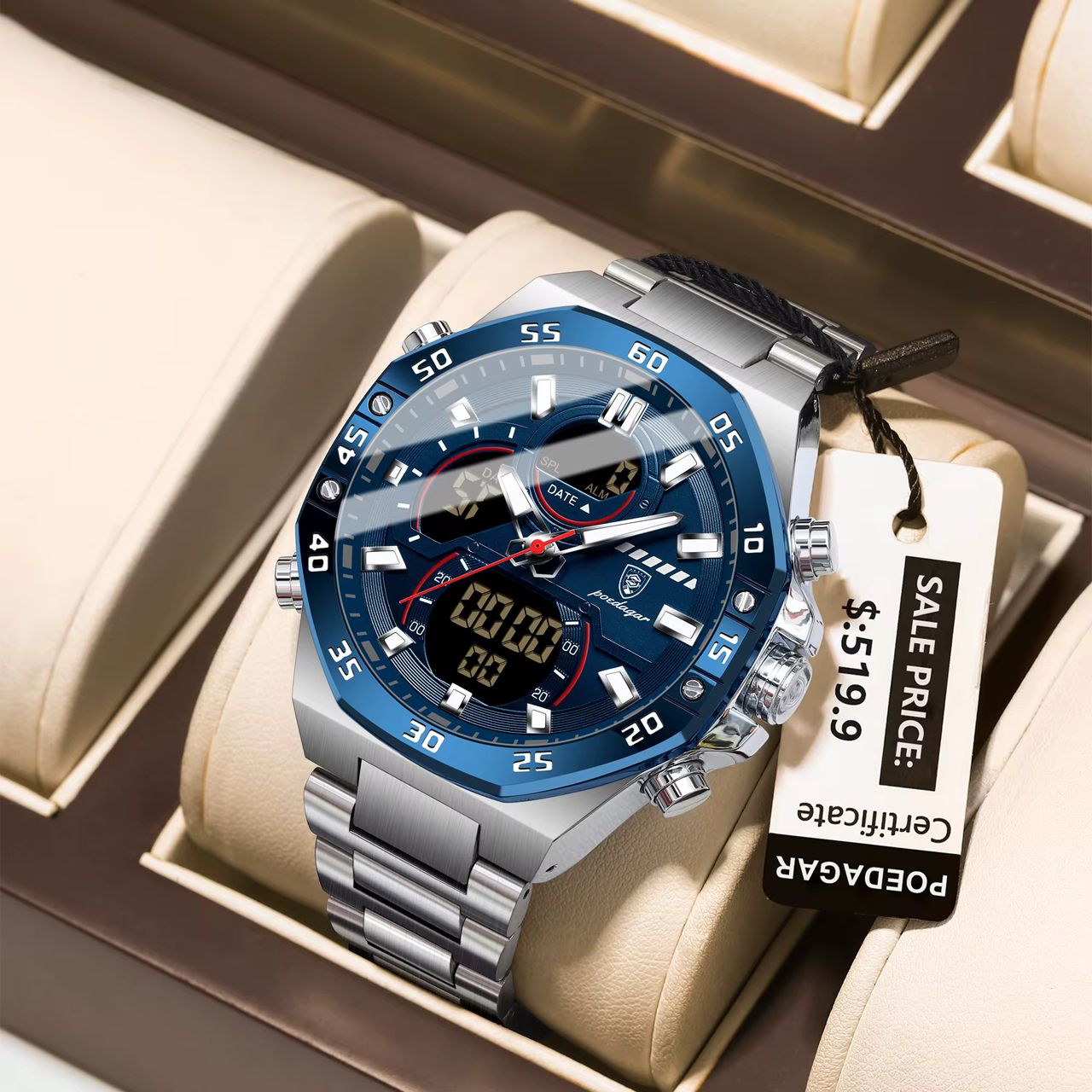 Poedagar E101 - Nouvelle Montre Digitale pour Homme, Affichage Double Heure , Alarme , Chronemètre, LED , Étanche , Acier Inoxydable et Quartz Électronique