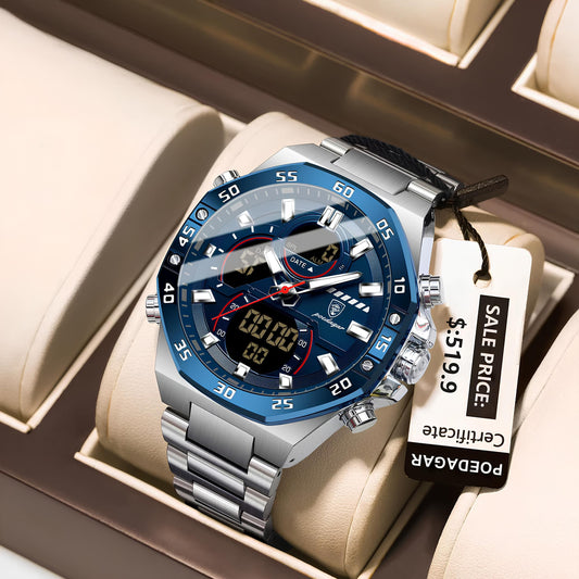 Poedagar E101 - Nouvelle Montre Digitale pour Homme, Affichage Double Heure , Alarme , Chronemètre, LED , Étanche , Acier Inoxydable et Quartz Électronique